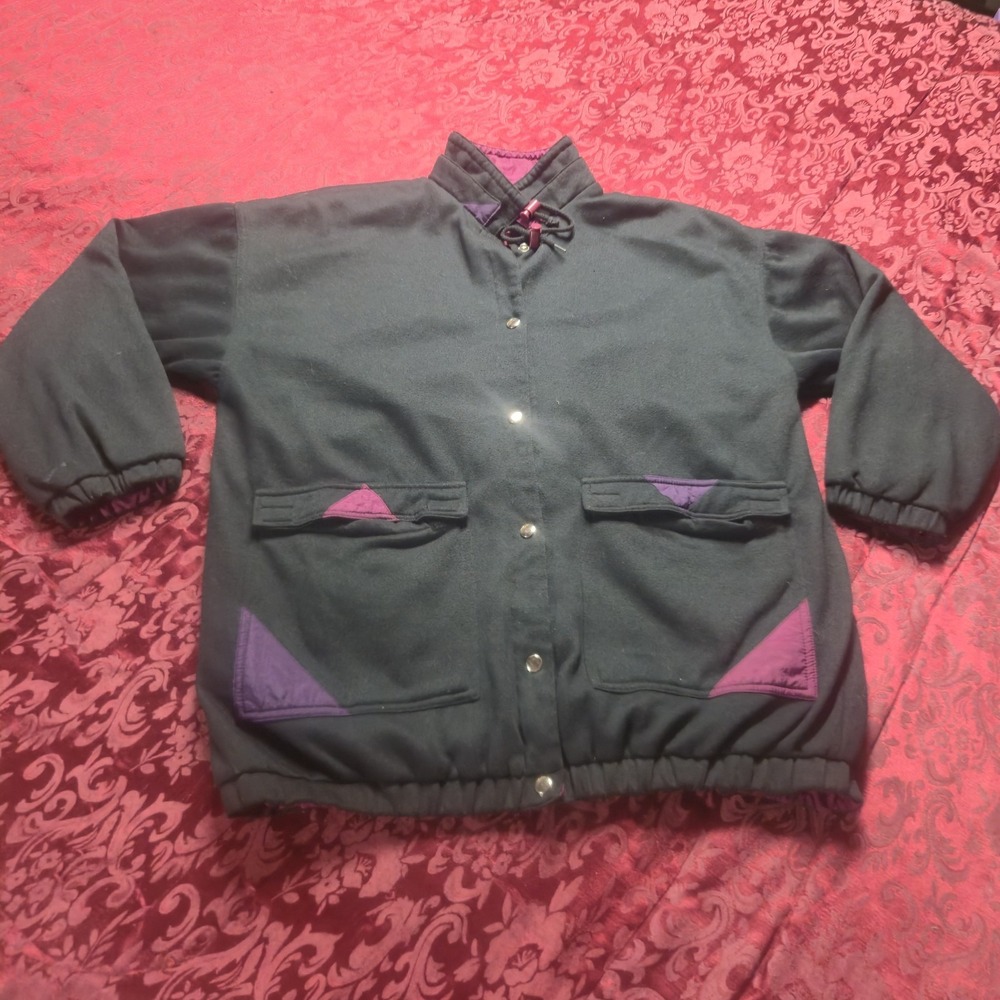 Vintage 90s Reversible Fleece Nylon Jacket Black Purple Geometric Men's Size Med